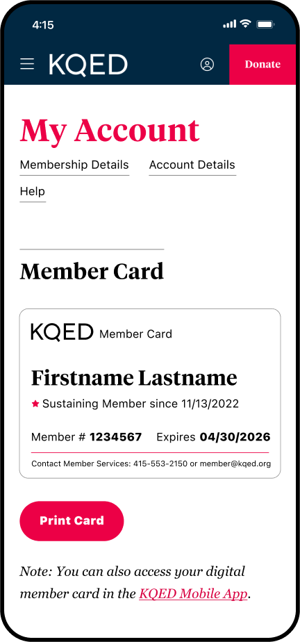 The top of the My Account page is shown on a mobile device. Logged in users have shortcuts to membership details, account details, and help. A digital member card with personalized key membership information is also shown on the page.