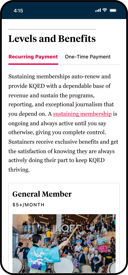 One section of the Membership page is shown on a mobile device with a description of how sustaining memberships provide dependable, ongoing support for KQED. The top of the General Member level is shown with a photo from a KQED event.