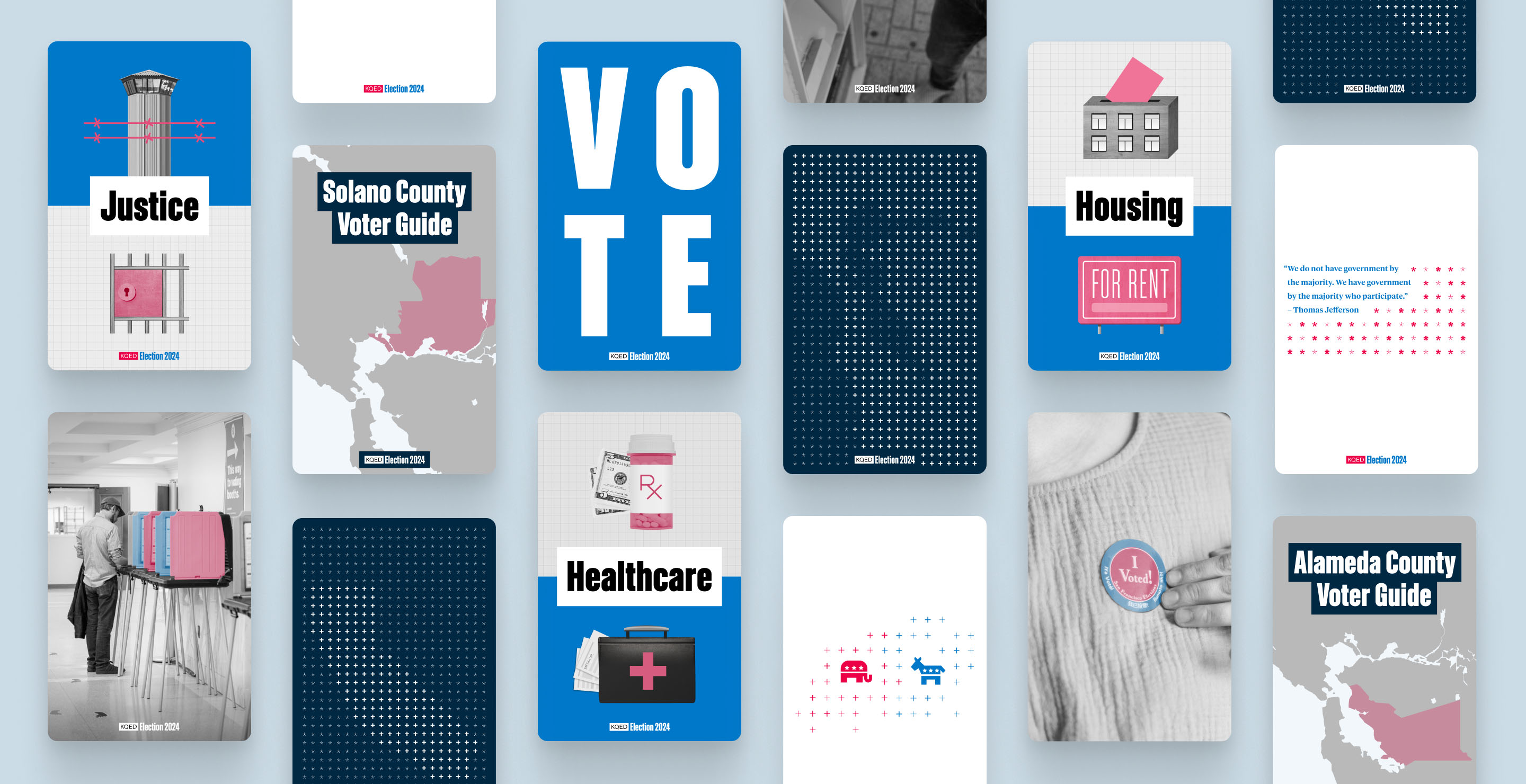 A loose grid of posters and digital graphics depicts the range of the Voter Guide visual system. Simple collages, grayscale photography, repeated glyph patterns, and bold typography are accented with blues and reds.